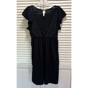Heart & Soul Black Midi Crochet Short Flutter Sleeve Dress Size L Scoop Tie Back